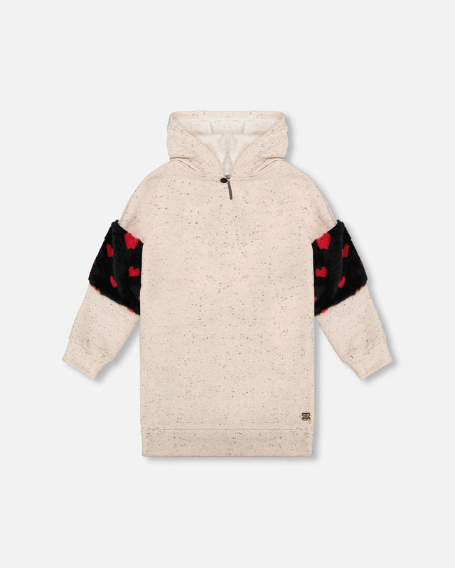 Hooded Glittering French Terry Dress Beige With Heart Bag-0