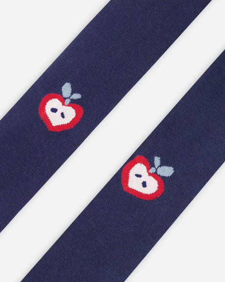 Knit Tights Navy Blue With Apples-2