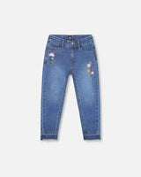 Jeans Blue Denim With Frayed Hems And Floral Embroideries-0
