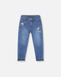 Jeans Blue Denim With Frayed Hems And Floral Embroideries-0
