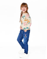 Jeans Blue Denim With Frayed Hems And Floral Embroideries-2