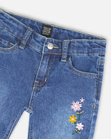 Jeans Blue Denim With Frayed Hems And Floral Embroideries-4