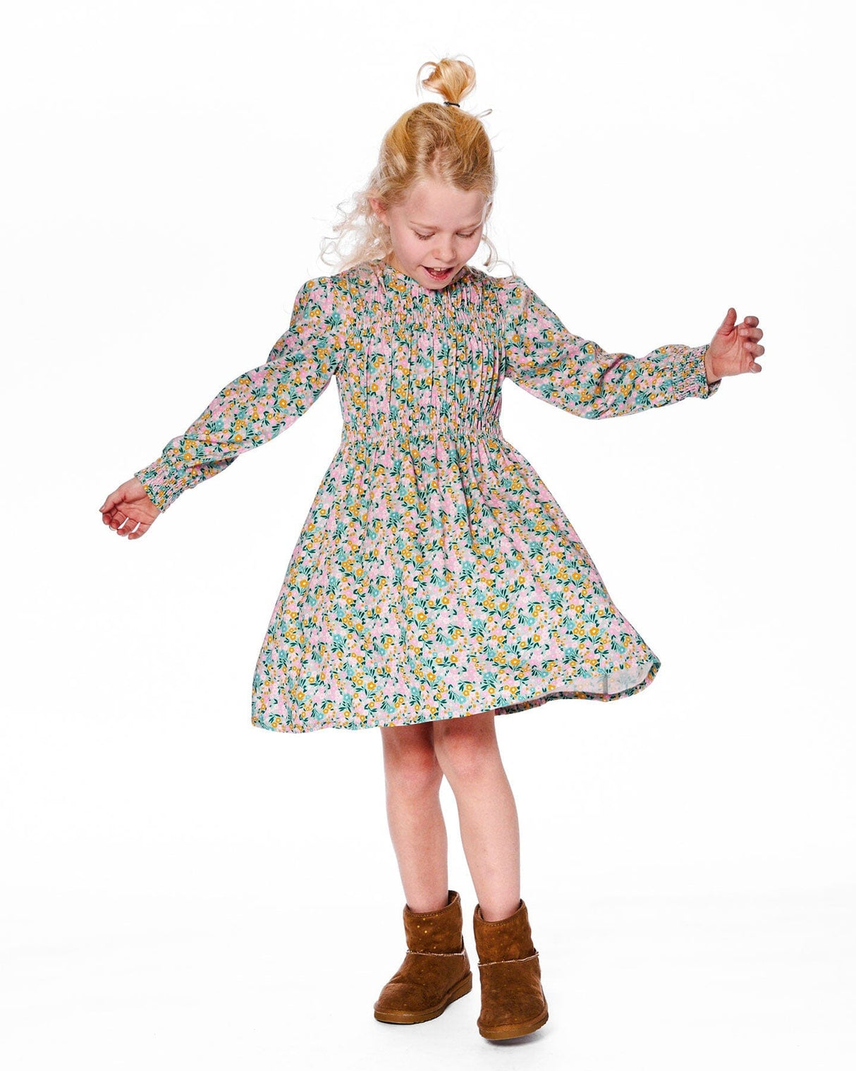 Smocked Viscose Dress Green With Floral Print-2