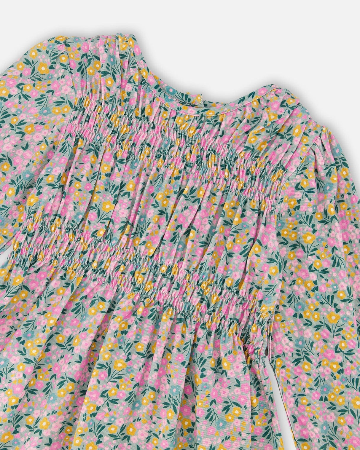 Smocked Viscose Dress Green With Floral Print-4