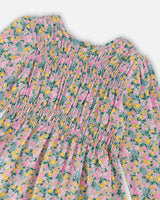 Smocked Viscose Dress Green With Floral Print-4