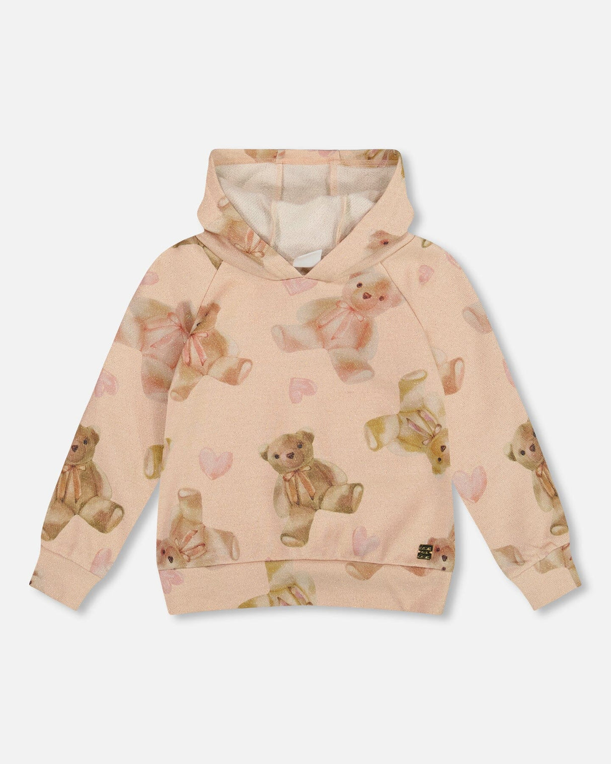 Glittering French Terry Hoodie Beige Teddy Bear Print-0