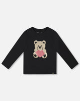 Black Organic Cotton T-Shirt With Reversible Sequin Teddy Bear-0