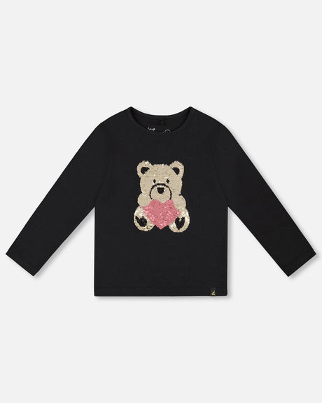 Black Organic Cotton T-Shirt With Reversible Sequin Teddy Bear-0