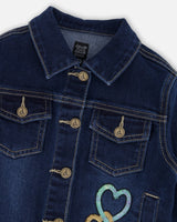 Stretch Denim Jacket Dark Blue With Glittery Hearts And Unicorn-3