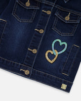 Stretch Denim Jacket Dark Blue With Glittery Hearts And Unicorn-4
