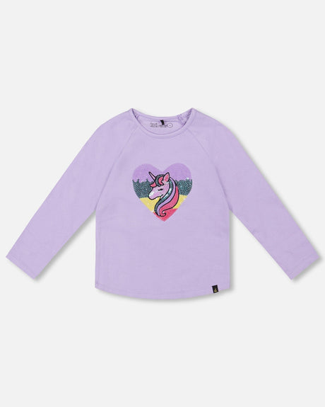Organic Cotton Long Sleeve T-Shirt Lavender With Sequin Unicorn-0