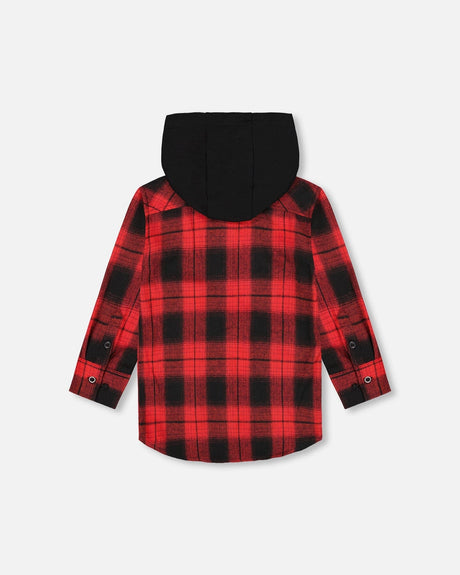 Plaid Flannel Shirt With Hoodie Red And Black-2