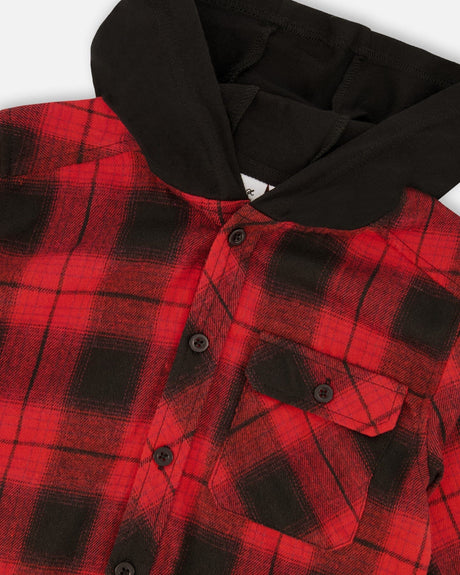 Plaid Flannel Shirt With Hoodie Red And Black-3