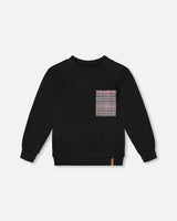 Super Soft Brushed Jersey Long Sleeve Top Black With Plaid Pocket-0