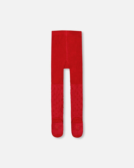 Knit Tights Red With Tone-On-Tone Star Pattern-1
