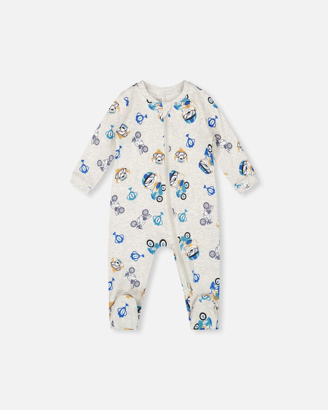 One-Piece Organic Cotton Pajama Beige Monkey Print-0