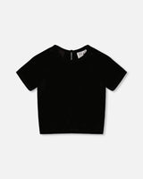Short Sleeve Stretch Velour Top Black-0
