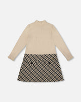 Long Sleeve Bi-Material Mock Neck Dress Beige And Plaid-0