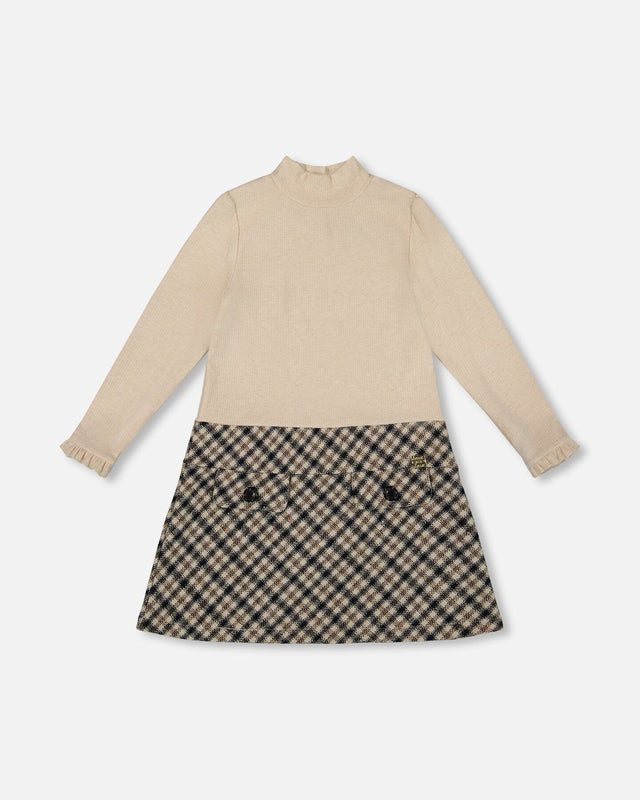 Long Sleeve Bi-Material Mock Neck Dress Beige And Plaid-0