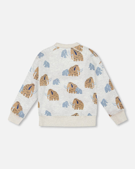 Long Sleeve Crew Neck Fleece Sweatshirt Beige Mammoth Print-2