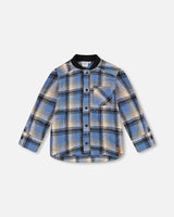 Long Sleeve Brushed Plaid Button Down Shirt Avec Rib Collar-0