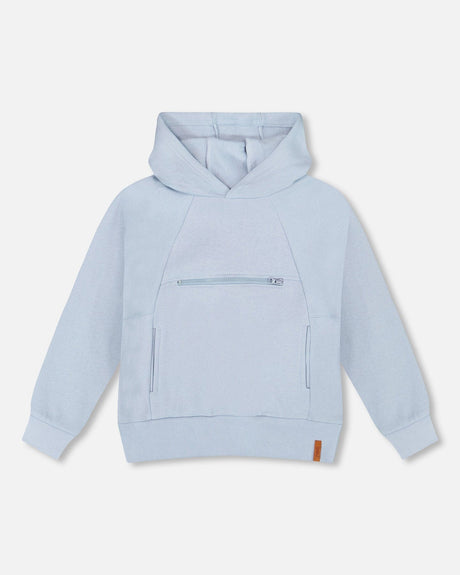 Pullover Hooded Fleece Sweatshirt With Zip Pocket Light Blue-0