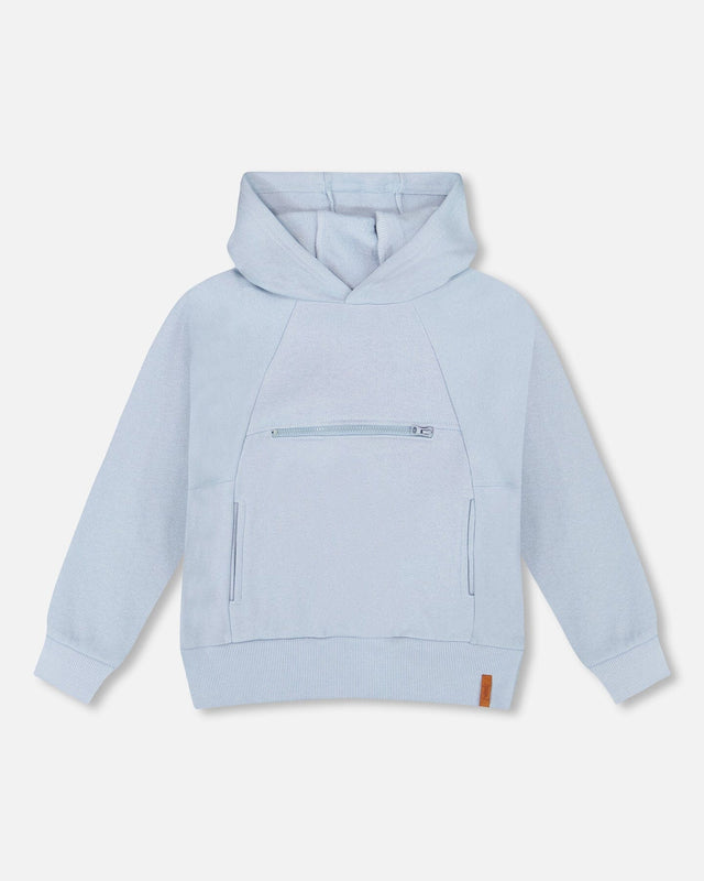 Pullover Hooded Fleece Sweatshirt With Zip Pocket Light Blue-0