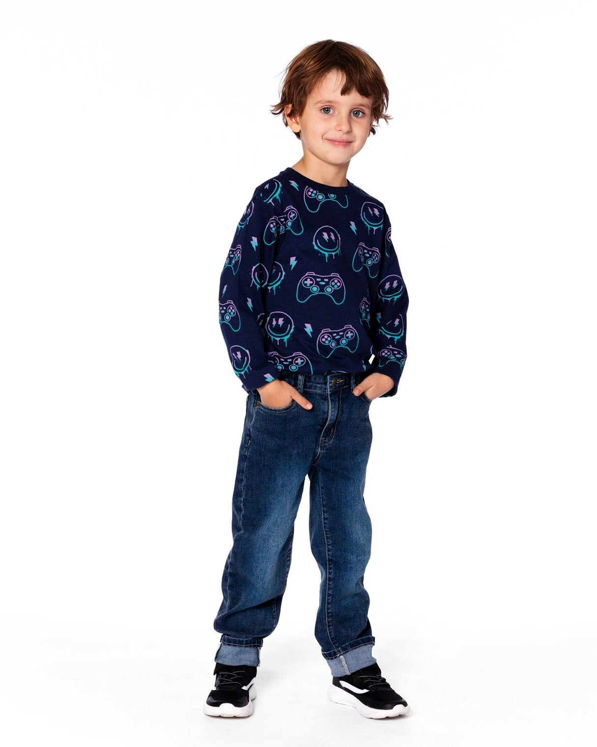 Long Sleeve Organic Cotton Allover Print Tee Navy Blue-1