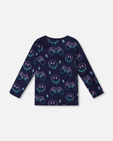Long Sleeve Organic Cotton Allover Print Tee Navy Blue-2