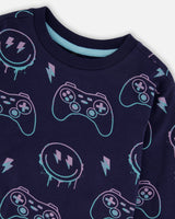 Long Sleeve Organic Cotton Allover Print Tee Navy Blue-3