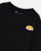 Long Sleeve Jersey Tee Shirt Black With Print Back & Front-3