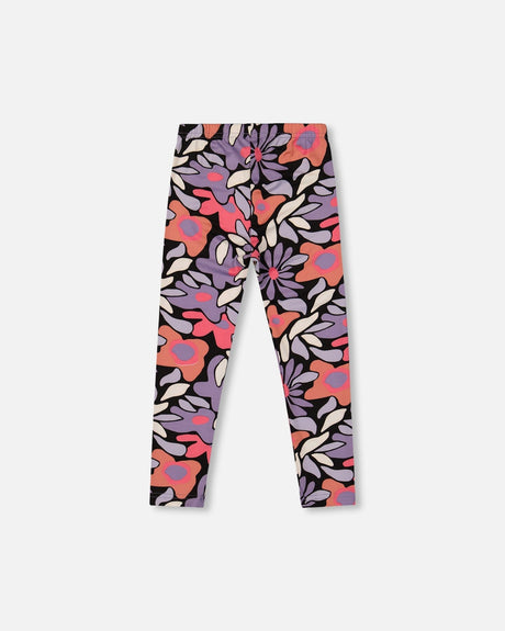 Stretch Jersey Leggings Black Retro Flower Print-2