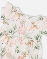 Muslin Tunic And Pointelle Leggings Set Peach Deer Print & Green-3