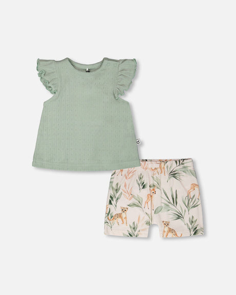 Pointelle Top And Organic Cotton Jersey Short Set Green And Peach Deer Print-0
