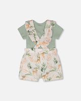 Pointelle Onesie And Cotton Muslin Shortall Set Green And Peach Deer Print-2