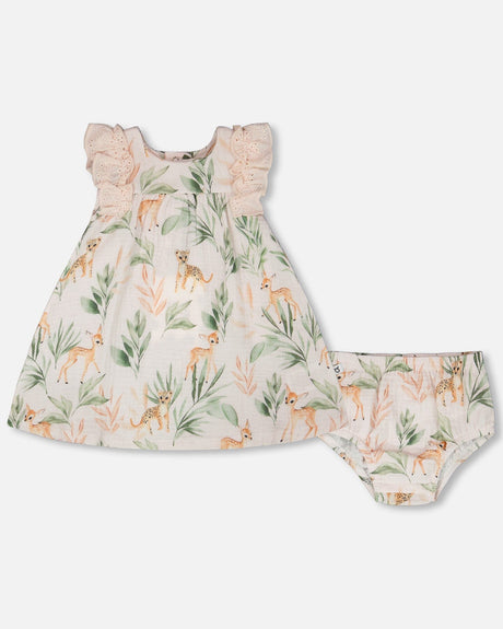 Muslin Dress And Bloomer Set Peach Deer Print-0