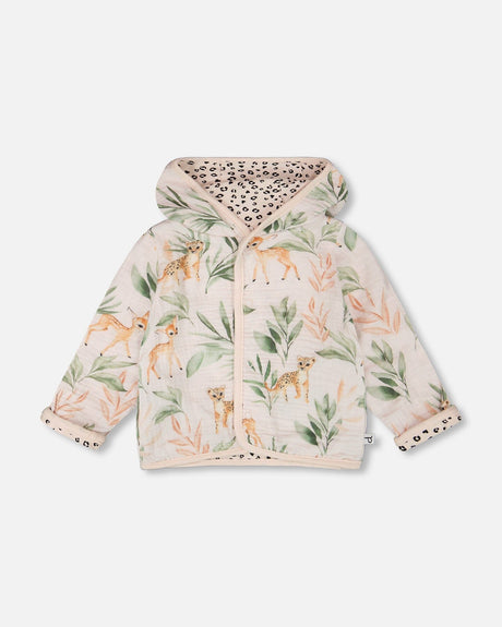 Muslin And Organic Cotton Jersey Reversible Hooded Jacket Peach Deer/Leopard Print-0