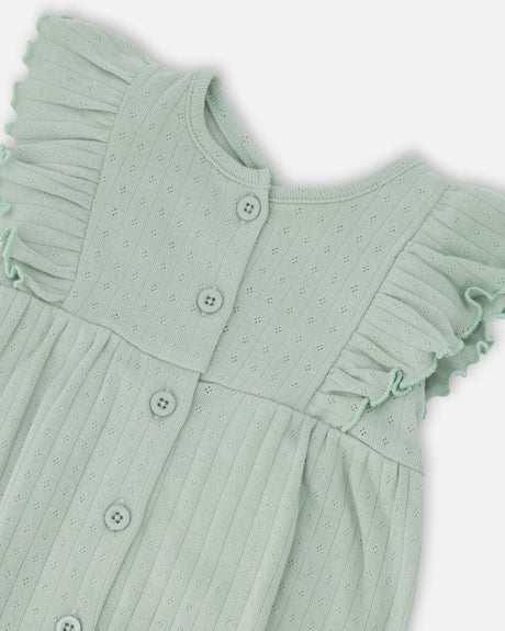 Cotton Pointelle Jersey Romper With Frills Green-2