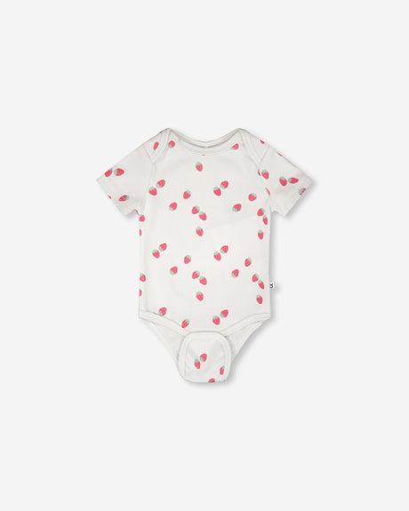 Evolutive Cotton Rib Jersey Onesie White Printed Strawberries-1