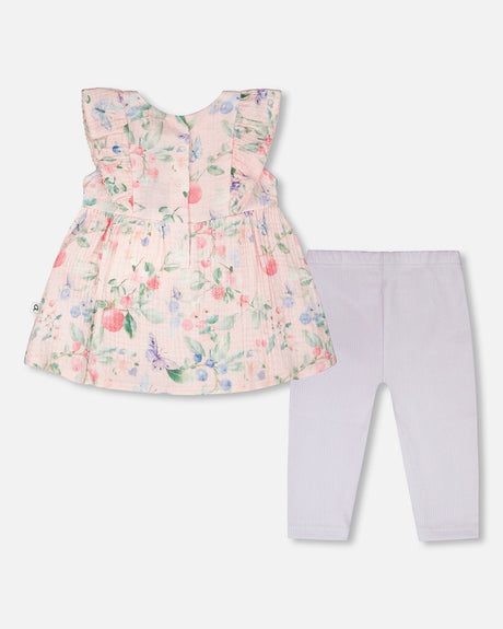 Cotton Muslin Tunic And Rib Jersey Leggings Set Pink Printed Berries And Lilac-3
