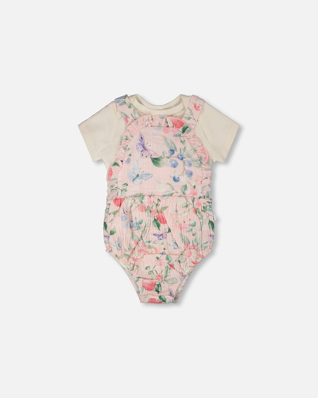 Organic Cotton Jersey Onesie And Muslin Overall Set White And Pink Printed Berries-0