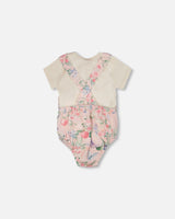 Organic Cotton Jersey Onesie And Muslin Overall Set White And Pink Printed Berries-3