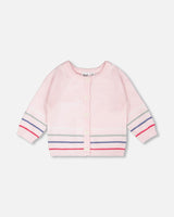 Cotton Knit Striped Button Front Cardigan Light Pink-0