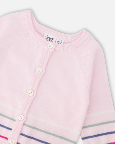 Cotton Knit Striped Button Front Cardigan Light Pink-3