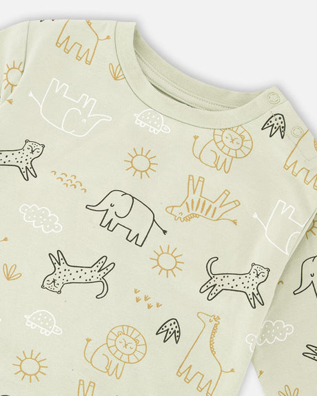 Organic Cotton Jersey Sweater And Pants Set Sage Green Animal Print-3