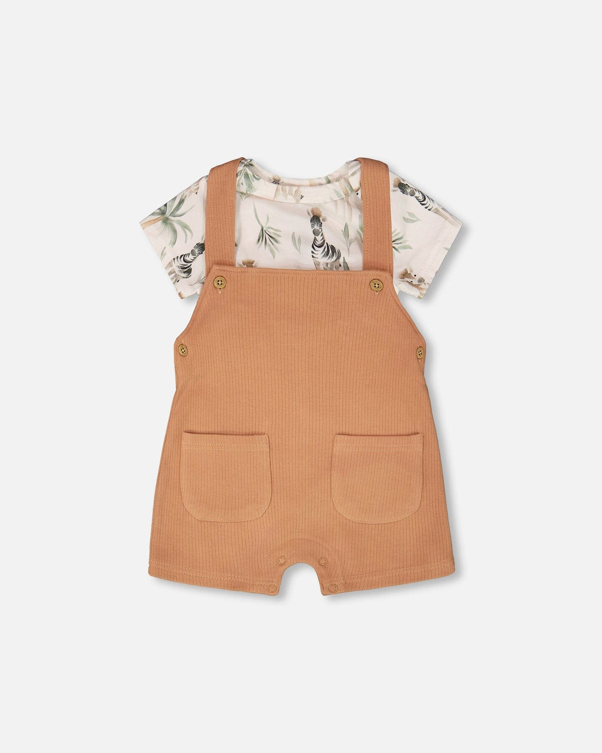 Organic Cotton Jersey Onesie And Cotton Rib Shortall Set Beige Zebra Print And Caramel-0