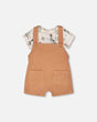 Organic Cotton Jersey Onesie And Cotton Rib Shortall Set Beige Zebra Print And Caramel-0