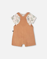 Organic Cotton Jersey Onesie And Cotton Rib Shortall Set Beige Zebra Print And Caramel-2