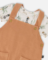 Organic Cotton Jersey Onesie And Cotton Rib Shortall Set Beige Zebra Print And Caramel-3