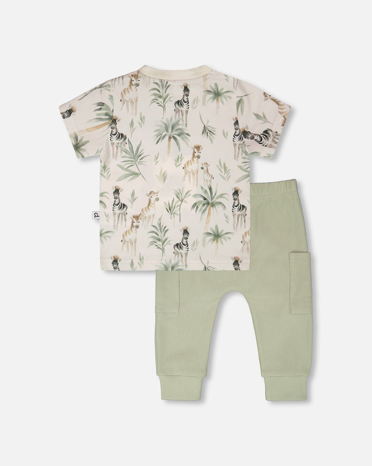 Organic Cotton Jersey T-Shirt And Cotton Rib Pants Set Beige Zebra Print And Sage Green-2